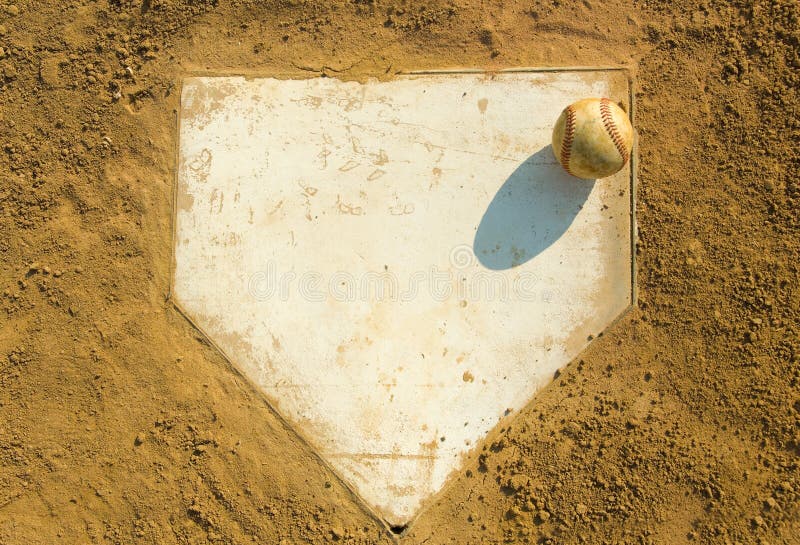 Old baseball on home plate surrounded by dirt, plenty of copy space. Old baseball on home plate surrounded by dirt, plenty of copy space