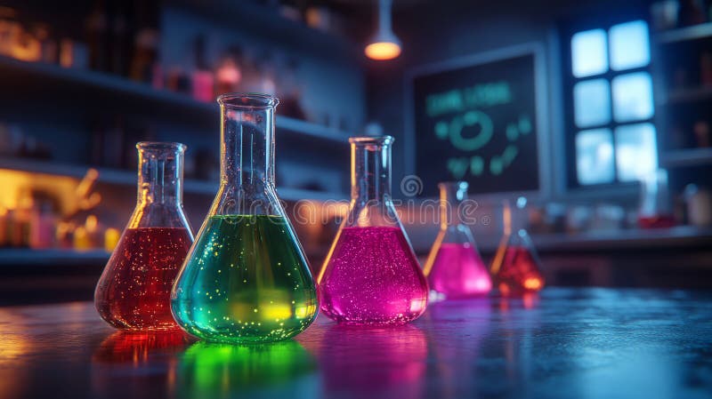 Béqueres coloridos com líquidos num laboratório com pouca luz imagem de stock