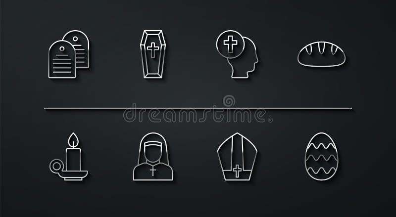 Set line Holy bible book Burning candle in candlestick Christian bread Pope hat Nun Coffin Easter egg and Priest icon. Vector. Set line Holy bible book Burning candle in candlestick Christian bread Pope hat Nun Coffin Easter egg and Priest icon. Vector.