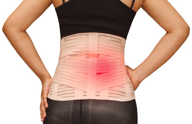 Woman in pain from back injury wearing lumbar brace corset on isolated background. Woman in pain from back injury wearing lumbar brace corset on isolated background