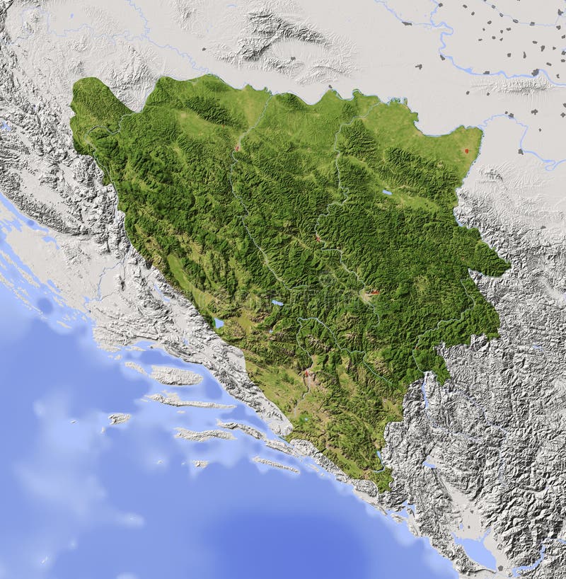 Bosnia and Herzegovina. Shaded relief map with major urban areas. Surrounding territory greyed out. Colored according to vegetation. Includes clip path for the state area. Bosnia and Herzegovina. Shaded relief map with major urban areas. Surrounding territory greyed out. Colored according to vegetation. Includes clip path for the state area.