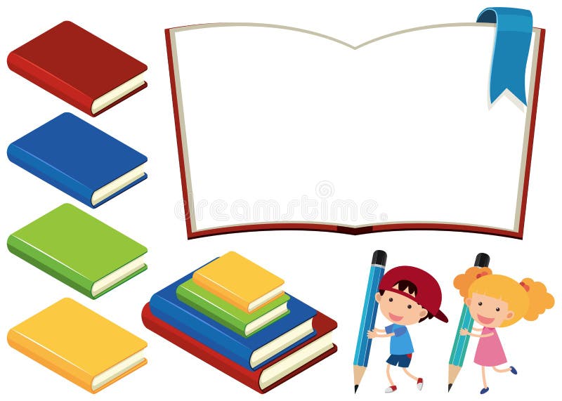 Böcker och lyckliga barn på vit bakgrund vektor illustrationer Böcker och lyckliga barn på vit bakgrund vektor illustrationer