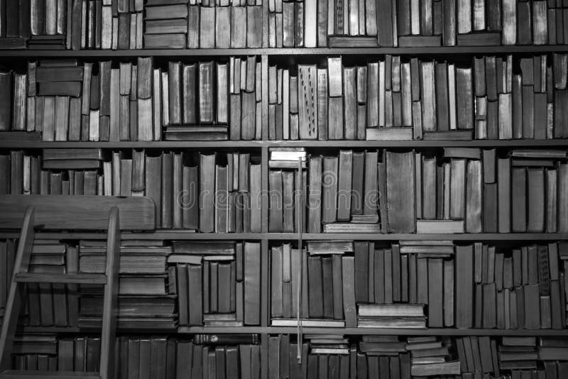 Böcker på bokhyllan i svartvitt