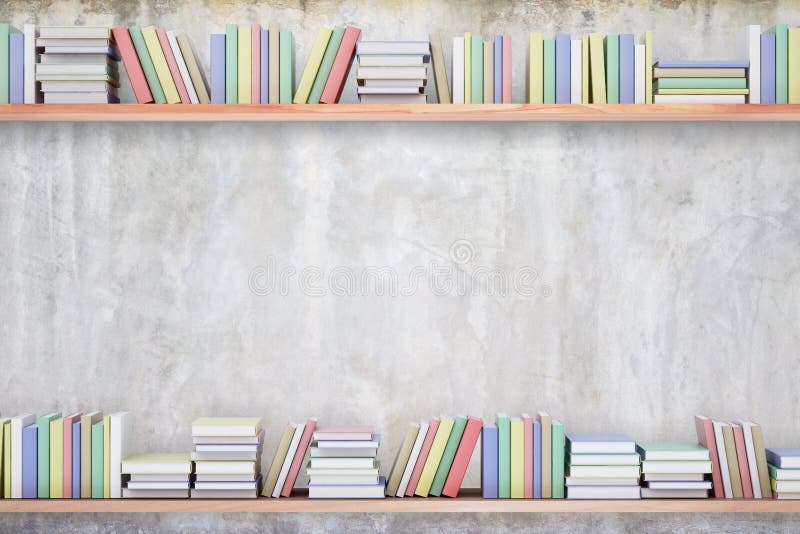 Shelves with colorful books on concrete background. Knowledge concept. Copy space, 3D Rendering. Shelves with colorful books on concrete background. Knowledge concept. Copy space, 3D Rendering