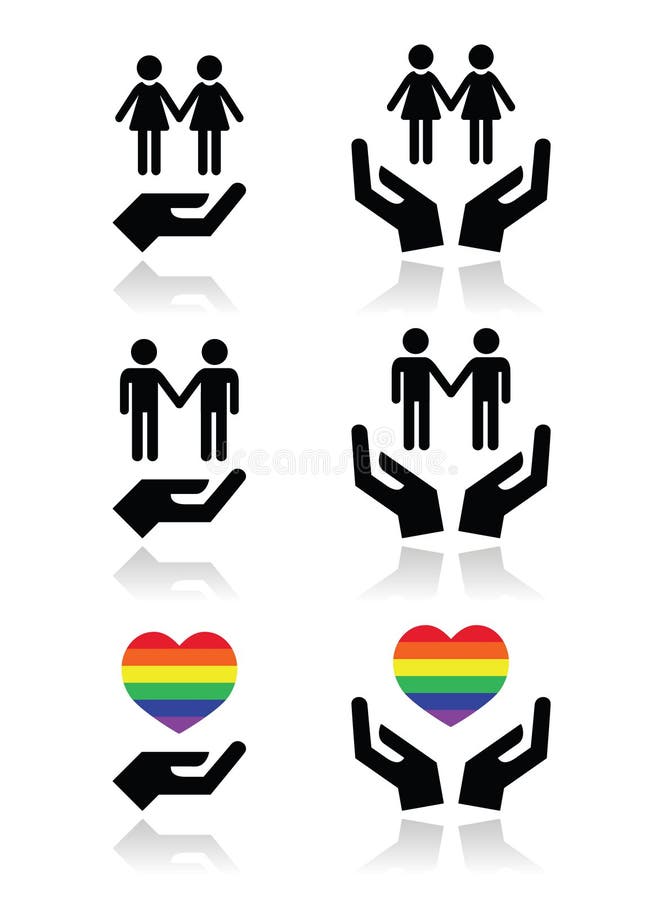 Böga ocha lesbiska kvinnan kopplar ihop, regnbågeflaggan med händer som symboler ställer in vektor illustrationer Böga ocha lesbiska kvinnan kopplar ihop, regnbågeflaggan med händer som symboler ställer in vektor illustrationer