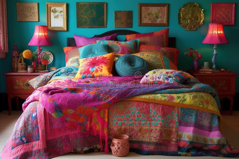 Böhmisches Schlafzimmer : Design eines Schlafzimmers mit böhmisch inspiriertem Design. generative Hilfe stock abbildung
