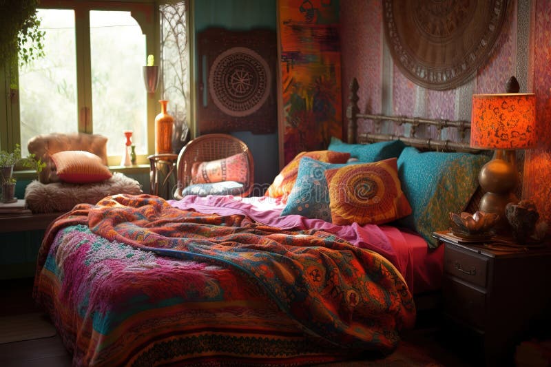 Böhmisches Schlafzimmer : Design eines Schlafzimmers mit böhmisch inspiriertem Design. generative Hilfe lizenzfreie abbildung