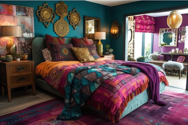 Böhmisches Schlafzimmer : Design eines Schlafzimmers mit böhmisch inspiriertem Design. generative Hilfe stock abbildung