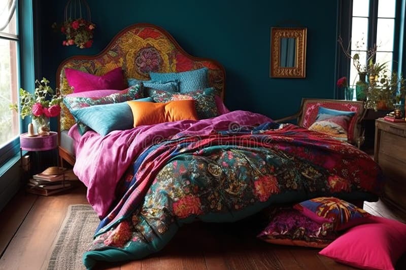 Böhmisches Schlafzimmer : Design eines Schlafzimmers mit böhmisch inspiriertem Design. generative Hilfe vektor abbildung