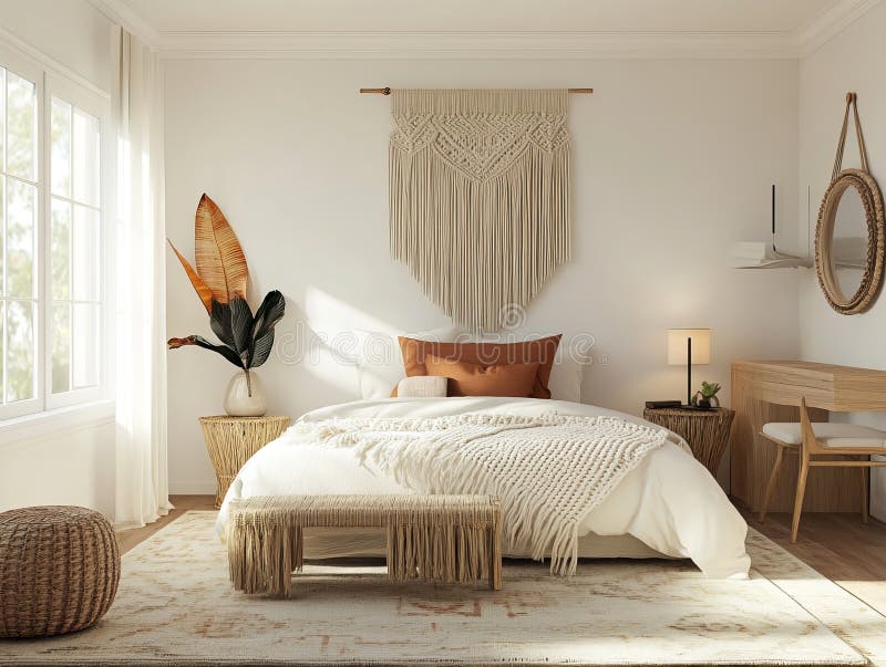 Böhmisches Schlafzimmerdesign mit Macrame Wanddekor lizenzfreie abbildung