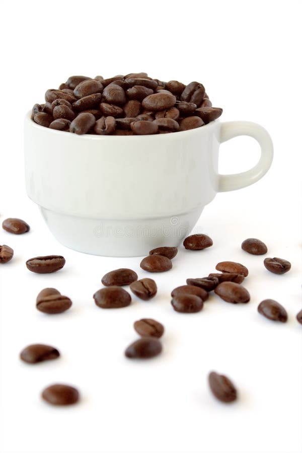 White coffee cup with whole coffe beans. White coffee cup with whole coffe beans