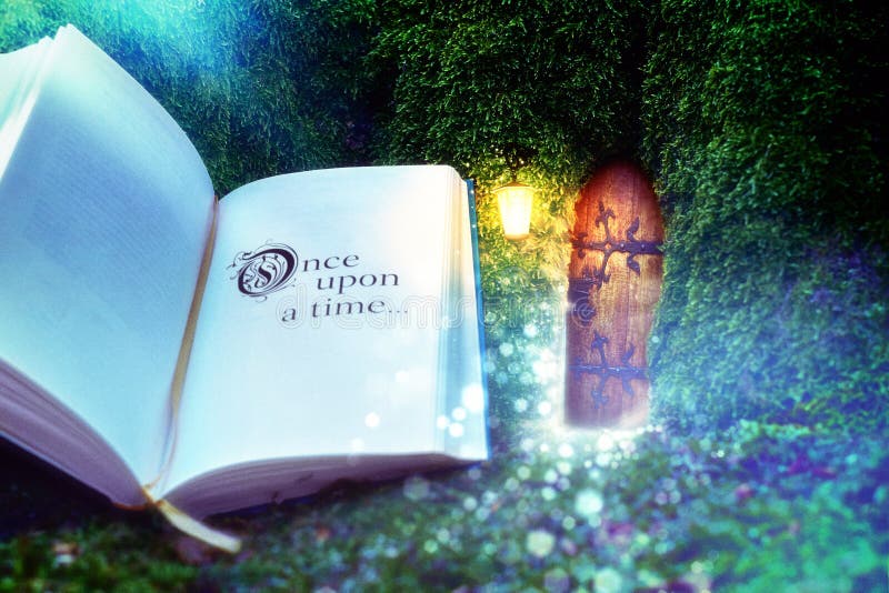 An open book that begins the journey of imagination and door to the magical world. In the moonlight, fairy tales begin. An open book that begins the journey of imagination and door to the magical world. In the moonlight, fairy tales begin.