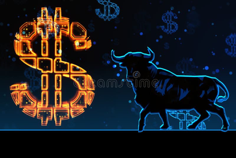 Börsmarknadskoncept med digitalt gult dollartecken och tjursymbol på mörk bakgrund. stock illustrationer