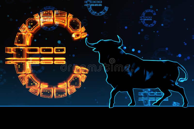 Börsmarknadskoncept med digitalt gult eurotecken och tjuvsymbol på mörk bakgrund. stock illustrationer