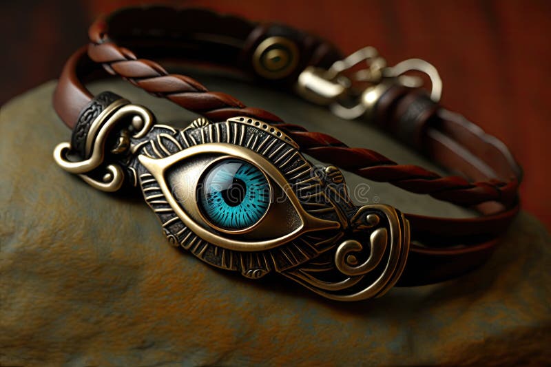 Böser Augencharakter mit dem bösen Augensymbol und einem schützenden Vers auf einem Lederarmband vektor abbildung