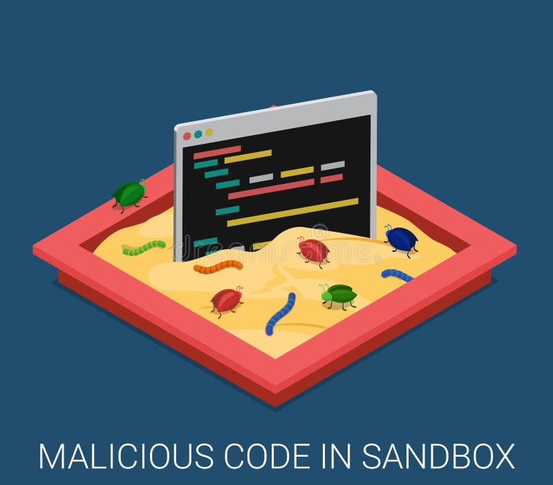 Malicious software application code development sandbox debug flat 3d isometric programming technology antivirus malware concept web vector illustration. Infected laptop in sand box bug worm. Malicious software application code development sandbox debug flat 3d isometric programming technology antivirus malware concept web vector illustration. Infected laptop in sand box bug worm.