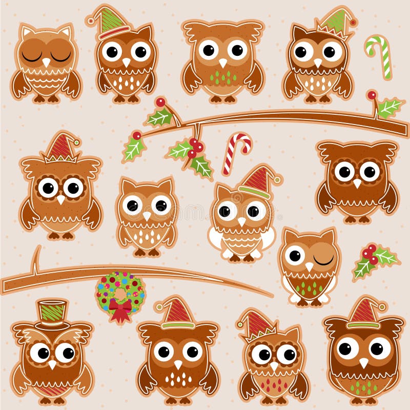 Búhos de la galleta del pan de jengibre del día de fiesta de la Navidad en formato del vector libre illustration Búhos de la galleta del pan de jengibre del día de fiesta de la Navidad en formato del vector libre illustration