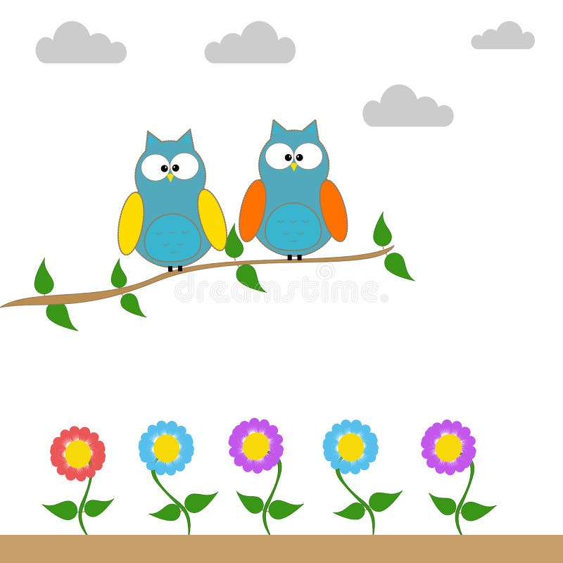 Búhos en una rama de un árbol ilustración del vector