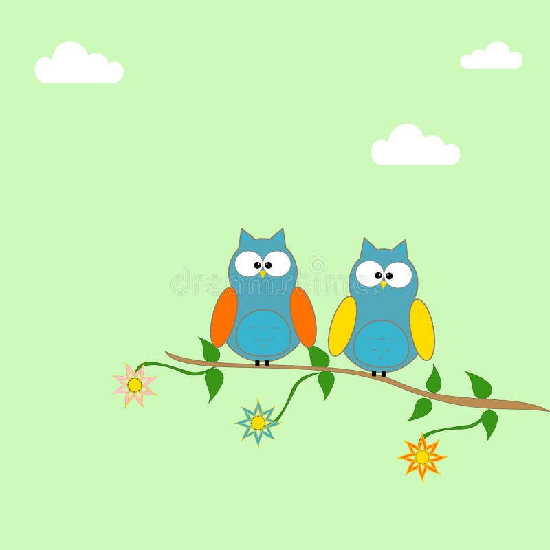 Búhos en una rama de un árbol ilustración del vector