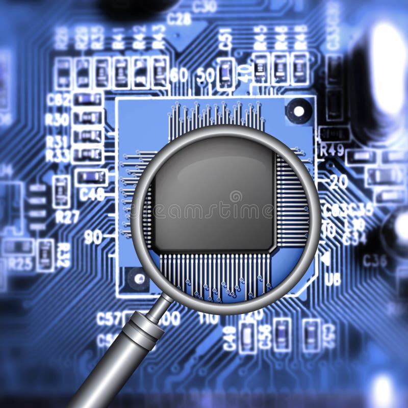 Motherboard with microchip and magnifying glass. Motherboard with microchip and magnifying glass