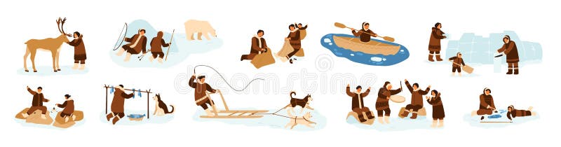 Bundle of Eskimo men, women and children in traditional folk costumes. Collection of northern indigenous people fishing, hunting bear, dancing, building igloo. Flat cartoon vector illustration. Bundle of Eskimo men, women and children in traditional folk costumes. Collection of northern indigenous people fishing, hunting bear, dancing, building igloo. Flat cartoon vector illustration