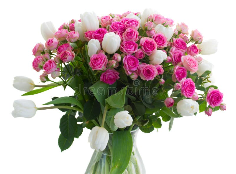 Bündel frische rosa Rosen und weiße Tulpen lizenzfreie stockfotos Bündel frische rosa Rosen und weiße Tulpen lizenzfreie stockfotos