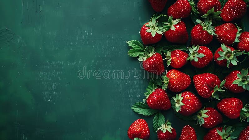 Bündel frischer reifer Erdbeeren vor dunkelgrünem Hintergrund stockbild