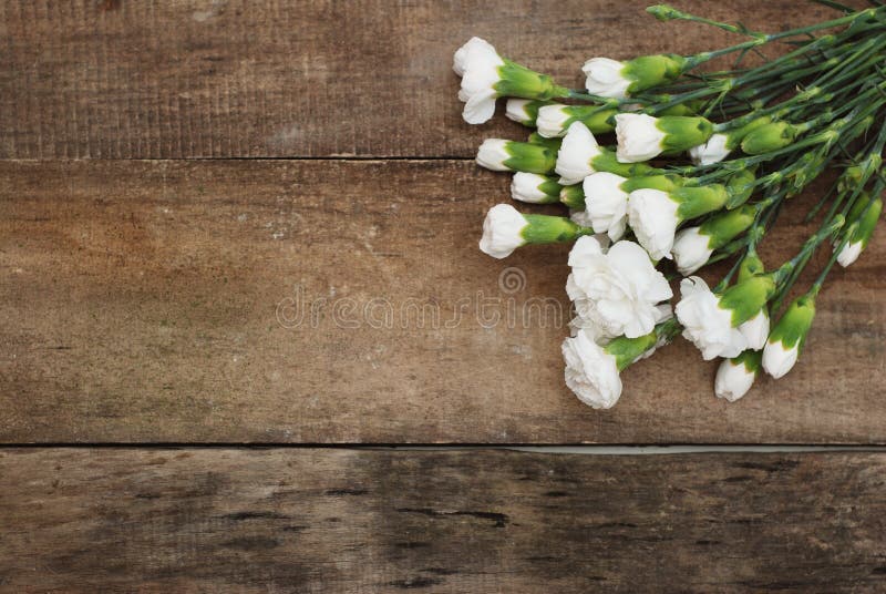 Bündeln Sie weiße Gartennelken-Blumen-Blumenstrauß-Anordnungs-Zusammensetzung lokalisierten rustikalen hölzernen Hintergrund