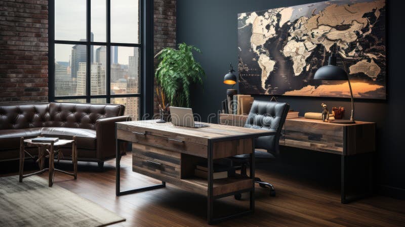 Büro für Charme. generative Hilfe. Verwandeln Sie Ihren Arbeitsplatz in einen Industrieparadies mit diesem Bürodesign. mit einem Retro-Holzschreibtisch, einem robusten Metallregal und einer sichtbaren Ziegelwand, die eine Mischung aus rustikaler und moderner Ästhetik bietet. Vintaginierte Akzente wie eine altmodische Schreibtischlampe und eine antike Landkarte verleihen dem Raum eine einzigartige und inspirierende Umgebung für Arbeit und Kreativität.
