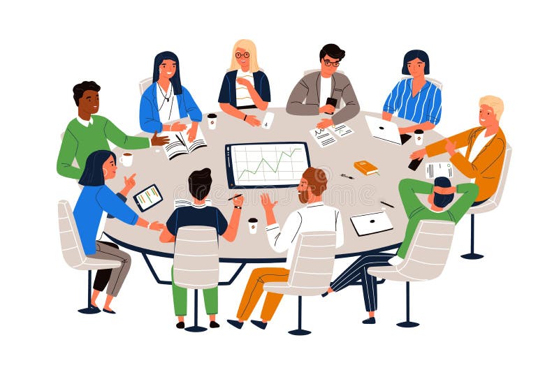 Büroangestellte, die am Rundtisch sitzen und die Ideen, Informationen austauschend besprechen Arbeitssitzung, Geschäftsverhandlun lizenzfreie abbildung