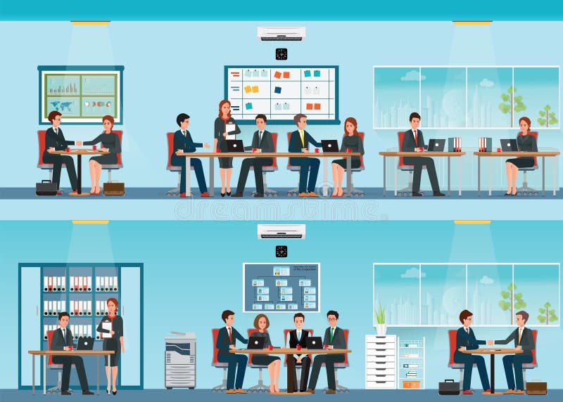Büroangestellter mit Schreibtisch und Geschäftstreffen oder Teamwork lizenzfreie abbildung