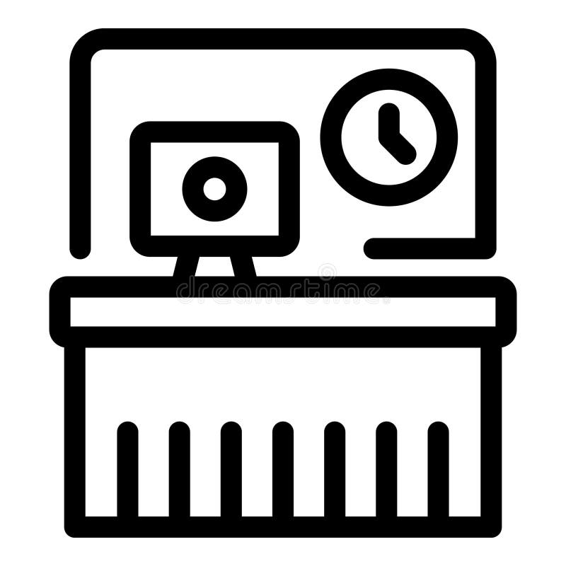 Büroarbeitnehmer mit Schreibtischuhr und Tafel. Zeilensymbol eines Büroarbeitnehmers mit Computer-Schreibtischuhr und Mainboard
