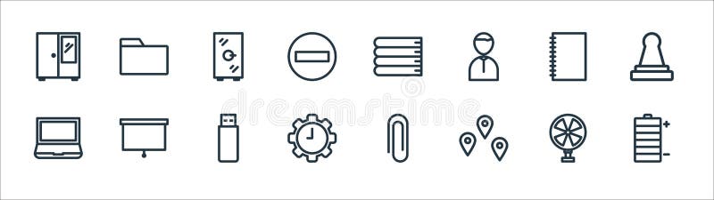 Büroeinrichtungslinie Symbole. linearer Satz. Wie Batteriestiftzeitlaptoppapierschließfach-Buchordner Qualitätsvektorlinie eingest lizenzfreie abbildung