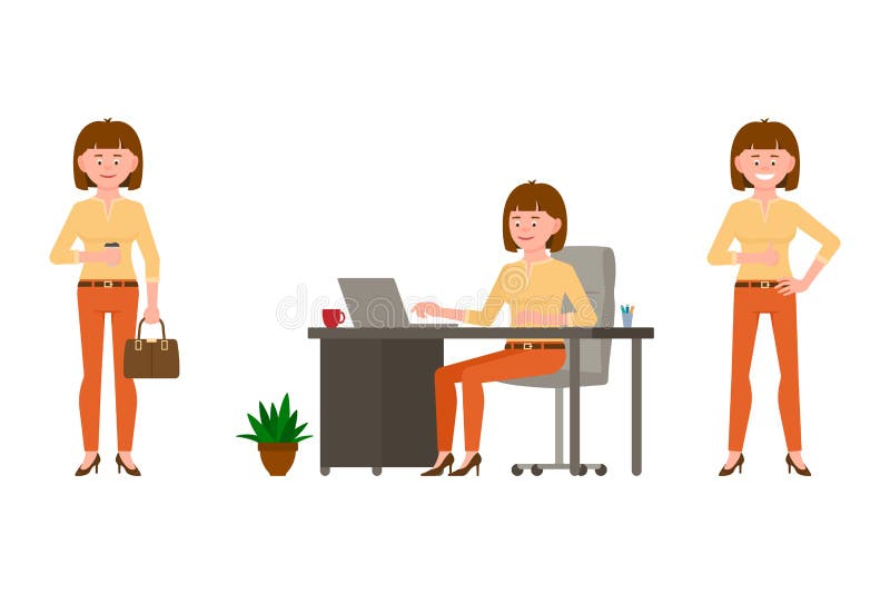 Bürofrauen-Vektorillustration des freundlichen, braunen Haares junge Stellung mit Kaffee, Schreibenlaptop, sitzend am Schreibtisc vektor abbildung Bürofrauen-Vektorillustration des freundlichen, braunen Haares junge Stellung mit Kaffee, Schreibenlaptop, sitzend am Schreibtisc vektor abbildung