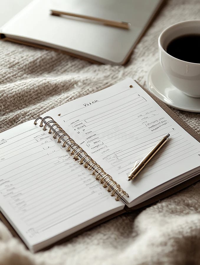 Büroschreibtisch mit Stift, Notizblock-Planer und Kaffeetasse. AI IMAGE