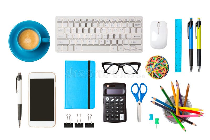 Büroschreibtischobjekte isoliert auf weißem Hintergrund. Blogger Schreibtisch oder Freiberufler Home Office Modell für Design