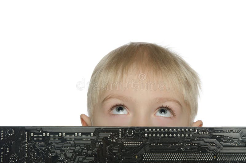 Băiat blond cu placa de bază în sus stock image