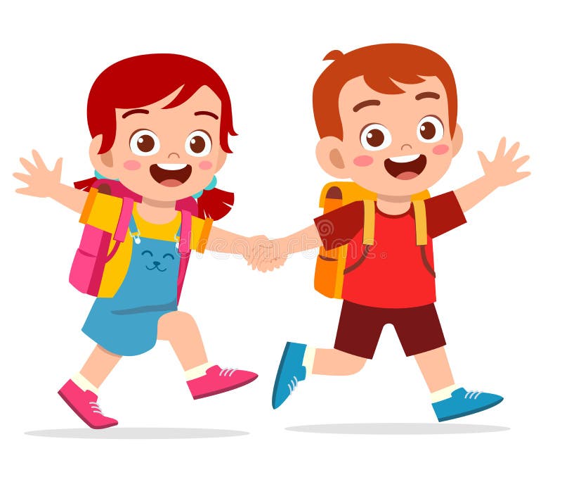 Băiat drăguț și fată ținându-se de mână și merg la școală împreună royalty free illustration
