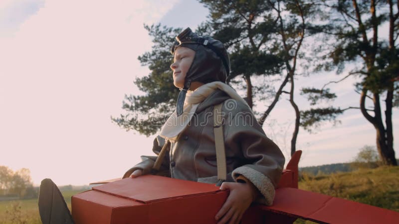 Băiat pilot fericit care se uită în jurul valorii de sub copaci în avion cardboard distractiv costum poartă ochelari de aviație în stock video footage