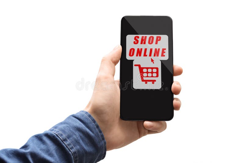 Bărbat care ține un smartphone cu semn online royalty free stock photo