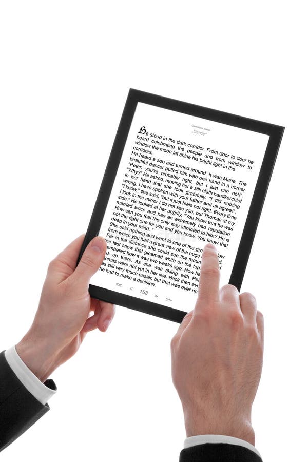 Bărbat care ține un touchpad și arată un ebook stock photography