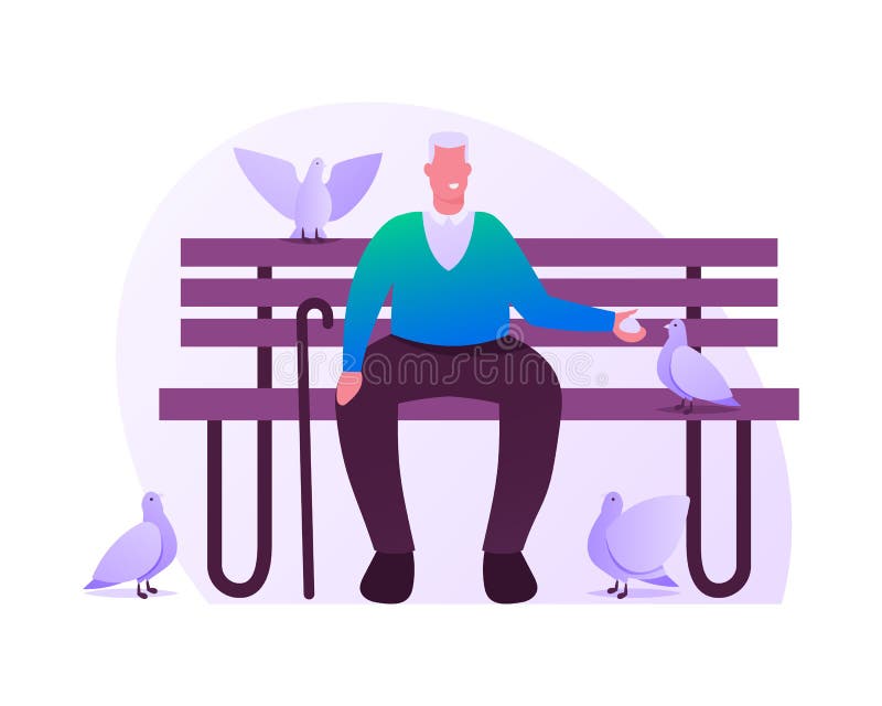 Bărbat cu părul gri, stând pe o bancă în parc sau în curtea casei, hrănind porumbei. timp de pauză pentru caractere masculi învech royalty free illustration