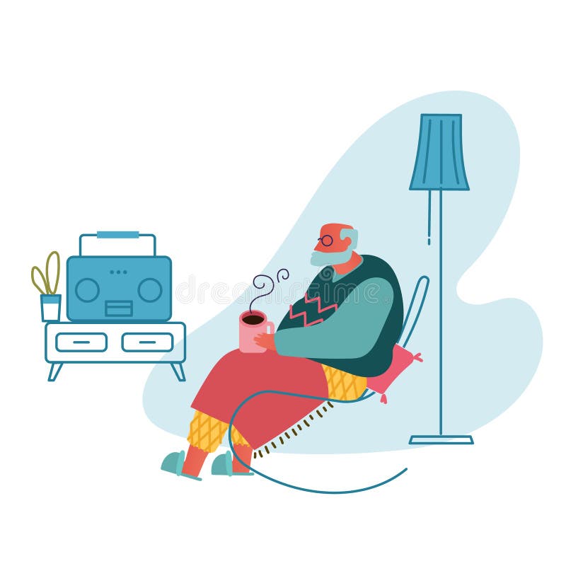 Bărbat cu părul gri în ochelari stând în fotoliu și bând ceai și ascultând muzică la radio. caracter masculin în vârstă royalty free illustration