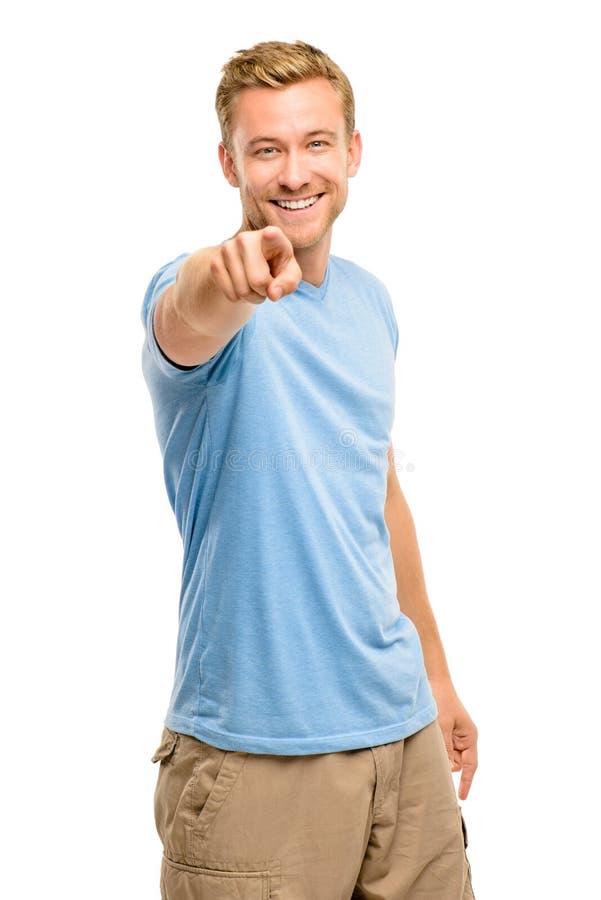 Bărbat fericit arătând portret pe fundal alb stock images