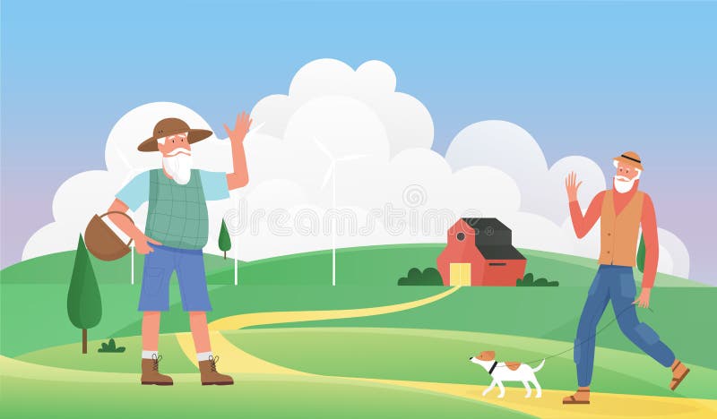 Bătrânii salută sătenii bătrâni și îi salută pe proprietarii de animale de companie care merg pe jos stock illustration