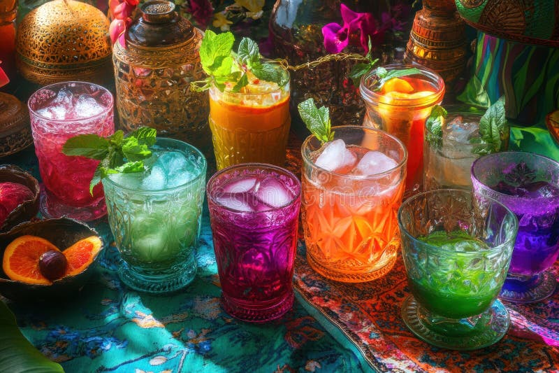 Băuturi colorate din Ramadan aranjate frumos în ochelari vibranți, prezentând arome revigorante și îmbrăcăminte pentru festiv vector illustration
