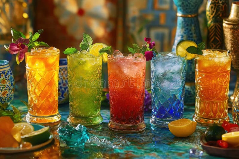 Băuturi Ramadan colorate, afișate în ochelari eleganți, cu gheață și îmbrăcăminte care prezintă culori vibrante și arome reîmprosp stock illustration