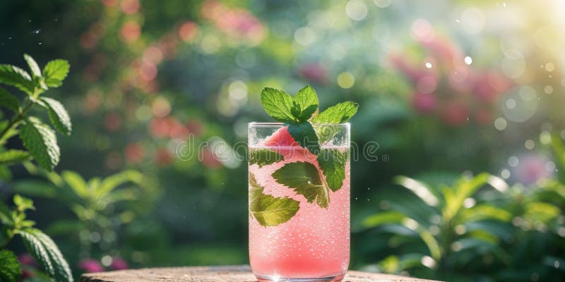 Băutură revigorantă de pepene verde, curățată cu mentă într-o zi însorită, într-o grădină luxoasă royalty free stock photo