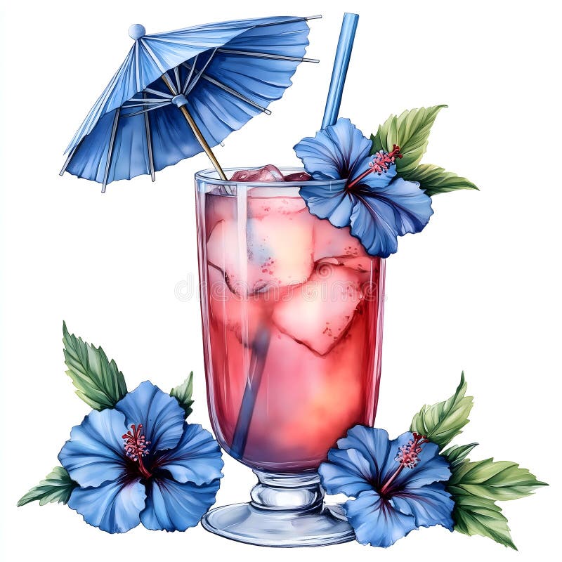 Băutură tropicală răcoritoare, împodobită cu flori hibiscus și o umbrelă drăguță într-o zi însorită Generativă AI royalty free illustration