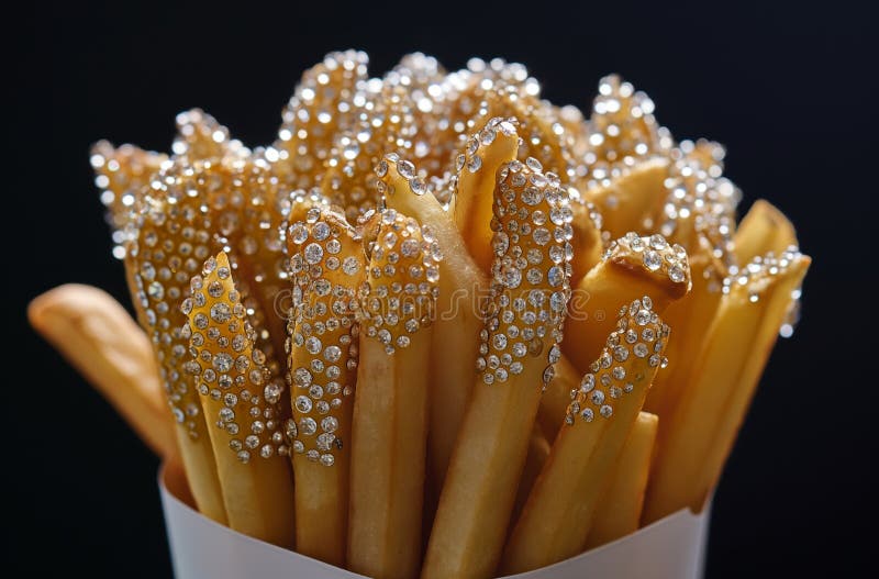 Błyszczące frytki. Frytki francuskie ozdobione musującymi krystonami w pakiecie fast food generowane przez ai